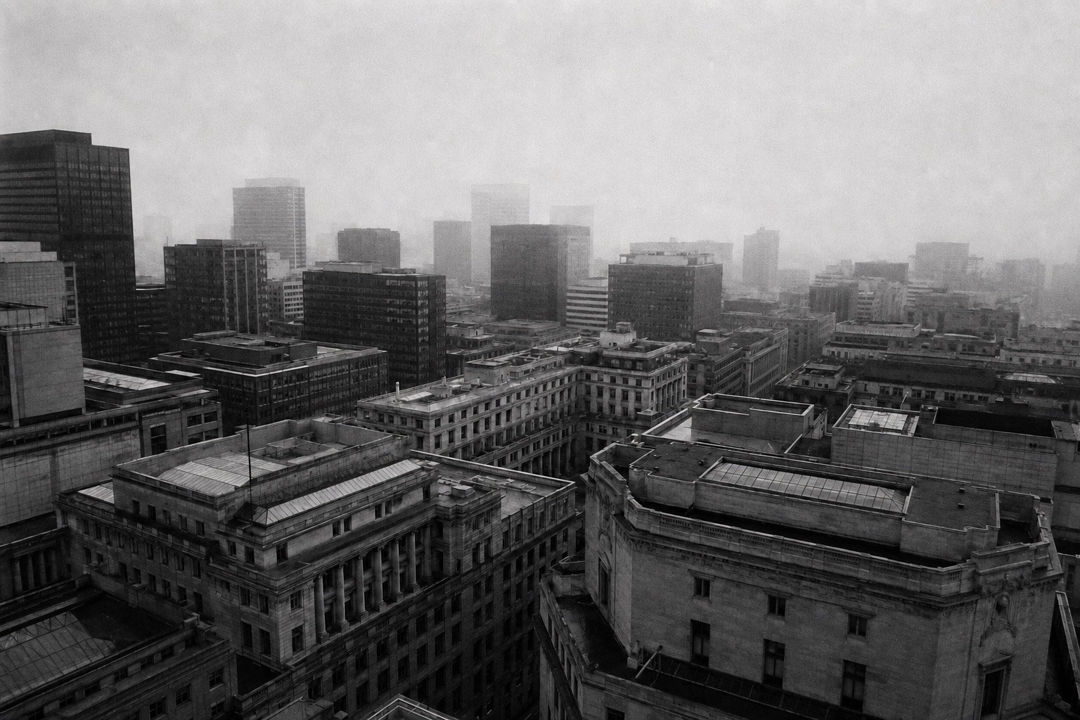 An elevated view over stone institutional buildings in a city district, with towers receding into mist.